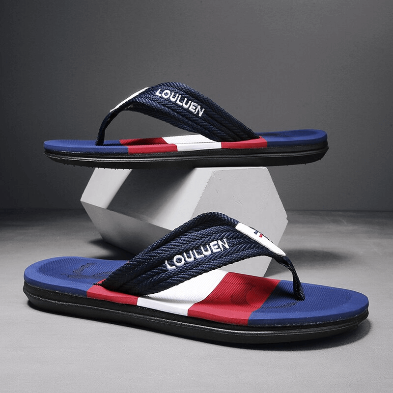 Alt Tag: Fashion breathable casual beach flip flops for men SF1077 with nylon upper, EVA insole, and rubber outsole in a stylish design.